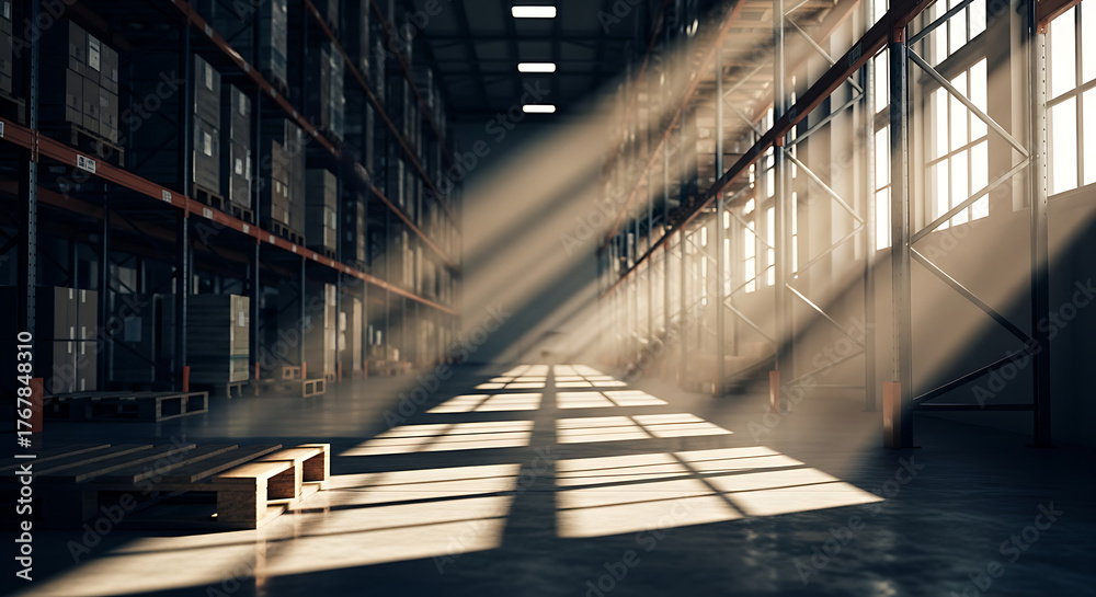 Obraz premium Sunlight streams dramatically through warehouse windows illuminating rows of tall shelving stacked with goods and pallets ready for distribution.