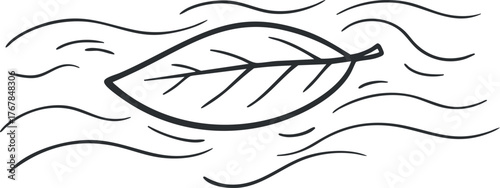 A minimalist illustration of a leaf floating on water waves representing nature and tranquility.