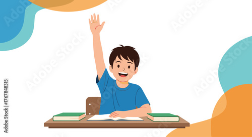 A cheerful young student sits at a desk with books, enthusiastically raising his hand to volunteer or ask a question during class.