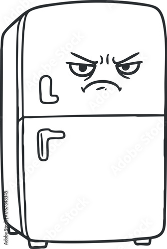 An angry cartoon refrigerator with a frowning expression, perfect for humorous illustrations.