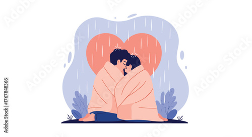 Romantic illustration of a couple sheltering under a blanket in the rain, with a heart in the background.