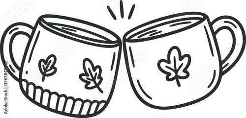 Illustration of two mugs clinking together with fall leaves design celebrating warmth and togetherness.