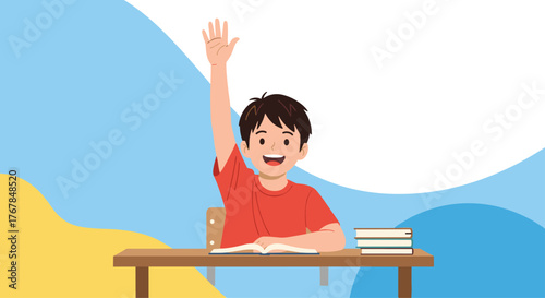 Enthusiastic young student raises his hand in class, ready to answer a question, showcasing active learning and engagement in education.
