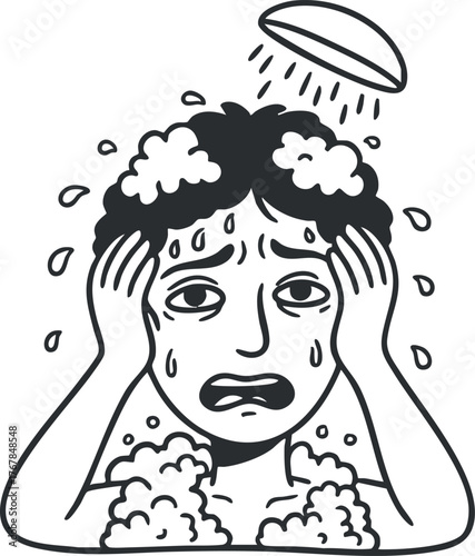 A person feeling overwhelmed and stressed while taking a shower, expressing emotions of anxiety.