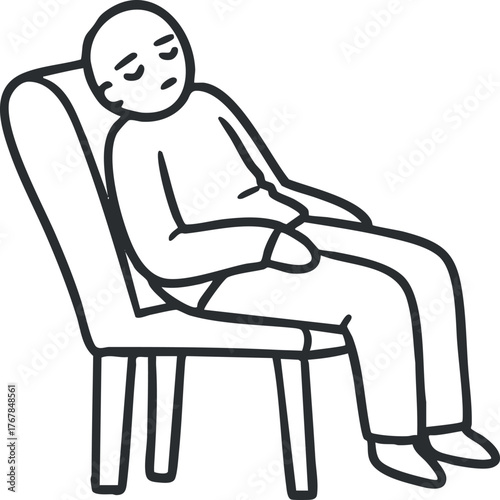 A minimalist line art illustration of a tired person sitting relaxed in a chair.