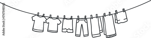 Illustration of various clothes hanging on a line for drying in a minimalist style.