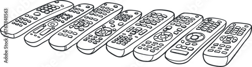 A collection of various remote controls illustrated in a simple and clear outline style.