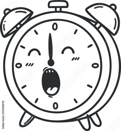 A cheerful cartoon alarm clock character with a smiling face to symbolize waking up.