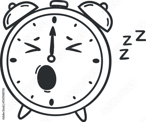 A cute cartoon alarm clock with a yawning face representing sleepiness and waking up.