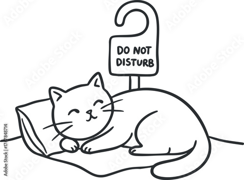 A cute illustration of a sleeping cat on a pillow with a do not disturb sign.