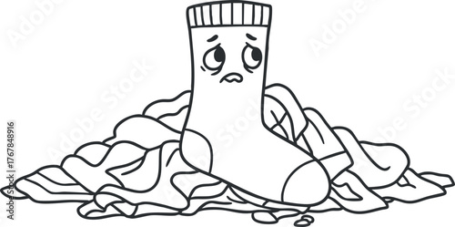 A sad cartoon sock sitting on a pile of clothes, illustrating laundry day struggles.