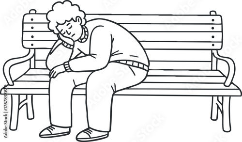 A sketch of a person sitting on a bench looking sad and contemplative outdoors.