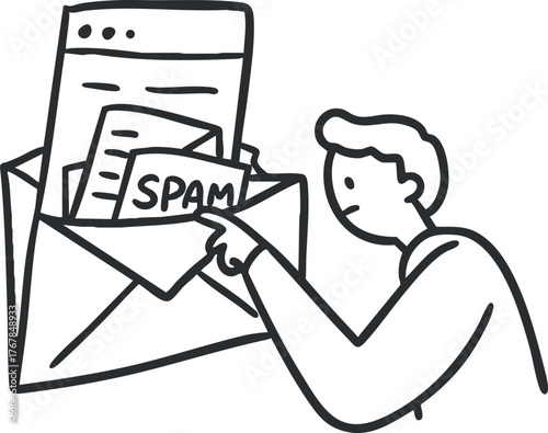 Illustration of a person discovering spam emails in an open envelope and looking concerned.