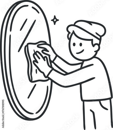 A person cleaning a mirror with a cloth, ensuring a sparkling and clear reflection.