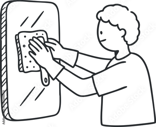 A person cleaning a window with a squeegee, showcasing household maintenance and hygiene.