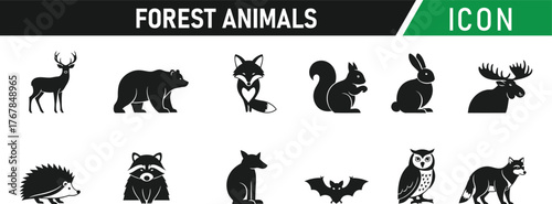 Forest Animals icon set. Including Deer, Fox, Bear, Rabbit, Squirrel, Owl, Wolf, Raccoon, Bird, Hedgehog. Vector silhouette illustration