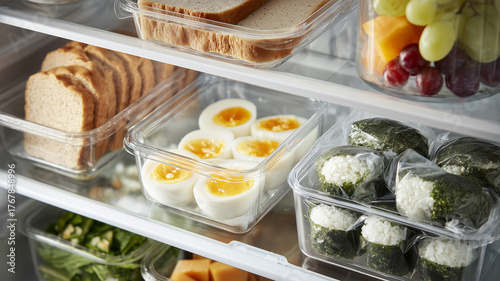 冷蔵庫に整った朝食セットと準備の工夫の描写