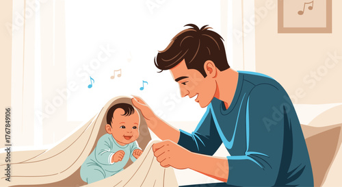 Father playing peek-a-boo with baby, creating a joyful moment of bonding and laughter in a warm, inviting setting.