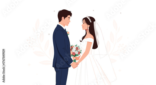 A bride and groom holding hands and looking at each other on their wedding day.