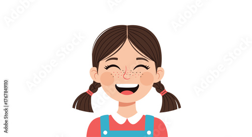 Cartoon portrait of a smiling young girl with pigtails, freckles, and a blue jumper against a plain white background.