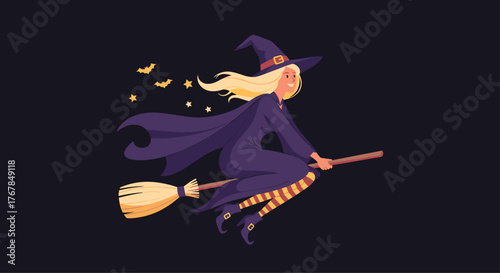 A blonde witch flies on a broomstick against a dark night sky, with bats and stars, perfect for Halloween celebrations, fantasy art, and spooky themes.