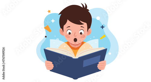 A wide-eyed young boy holds an open book, his expression showing amazement as if discovering a magical story.
