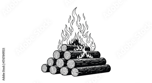 Black and white illustration of a bonfire with stacked logs and flames reaching upwards.