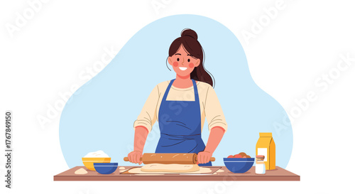 Illustration of a smiling woman in an apron rolling dough on a table with bowls of ingredients and a box, set against a blue background.