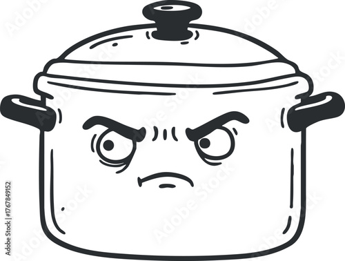 An angry cartoon pot with a frowning face representing frustration in the kitchen.