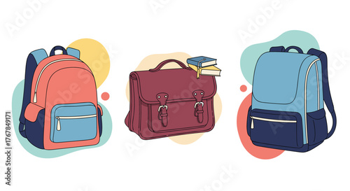 Colorful illustrations of backpacks and a satchel, representing school and education themes.