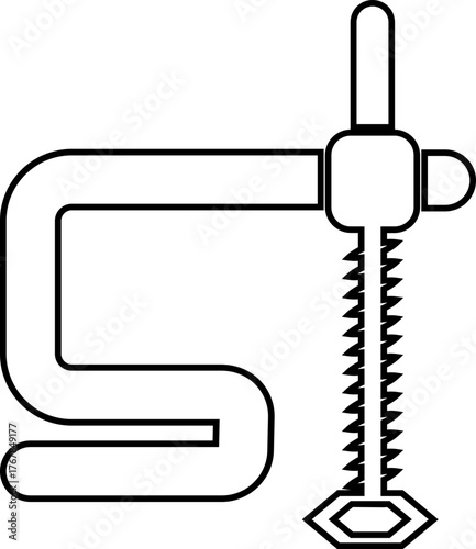 Black clamp tool icon, C-clamp and vise symbol metalwork and carpentry equipment group in flat and line outline style, industrial construction, mechanic, and workshop vector design