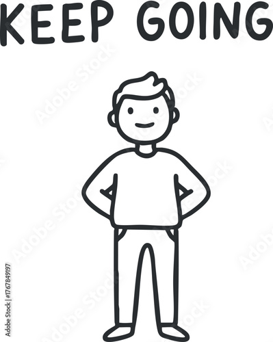 A motivational illustration depicting a cheerful character encouraging perseverance with the phrase keep going.