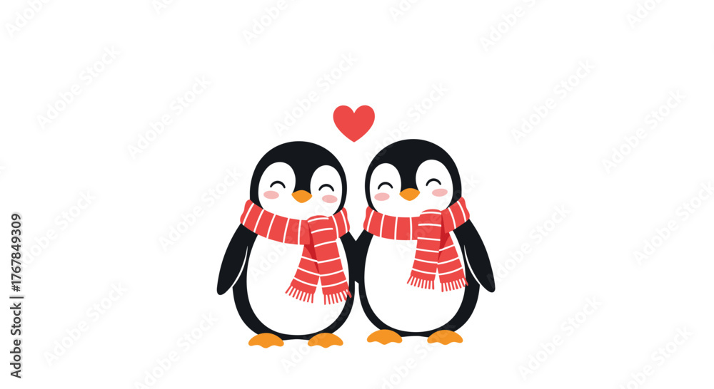 Fototapeta premium Two adorable cartoon penguins in love, wearing matching scarves, with a red heart above them, conveying affection and warmth on a white background.