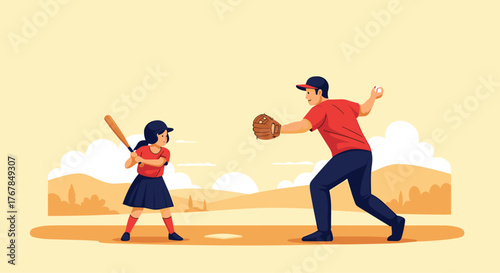 A father pitches to his daughter who is ready to bat, enjoying a sunny day of baseball together.
