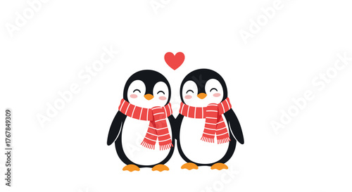 Two adorable cartoon penguins in love, wearing matching scarves, with a red heart above them, conveying affection and warmth on a white background.