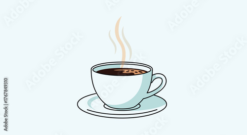 A simple illustration of a white cup of hot coffee with steam rising from it, placed on a saucer.