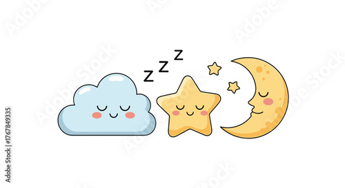 Cute cartoon night sky elements including a sleeping cloud, star, moon, and smaller stars, ideal for children's designs and bedtime themes.