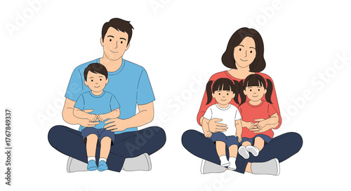 A father and son sit together on the left, while a mother and two daughters sit on the right.