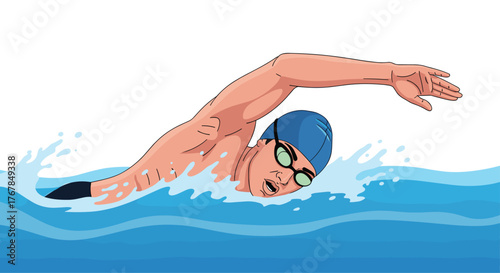 A swimmer is seen mid-stroke during a front crawl swim, with one arm extended forward and the other submerged in the water.
