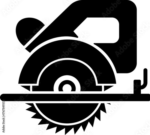 Metal saw icon in black flat and line style, includes circular blade, electric cutter, power tool, industrial machinery construction equipment, workshop and carpentry concept