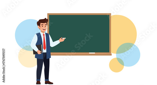 A smiling cartoon teacher holds chalk and a book in front of a green chalkboard with colorful circles behind him.