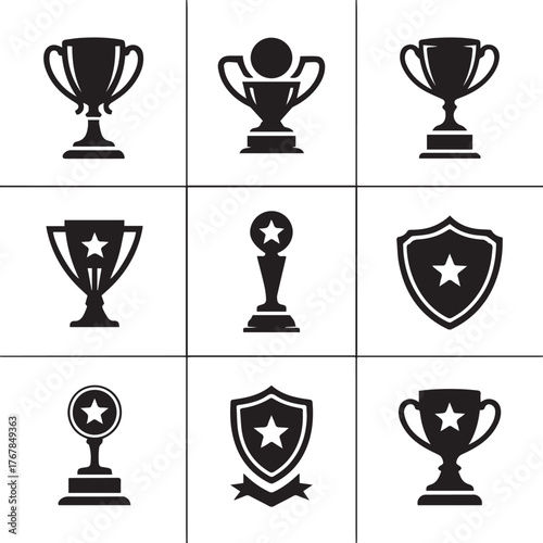 Collection of black trophy and shield award icons on white background winner prize