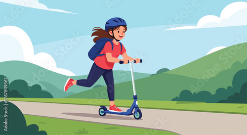 A girl rides an electric scooter with backpack and safety helmet along a park road on a sunny day, enjoying the outdoors.