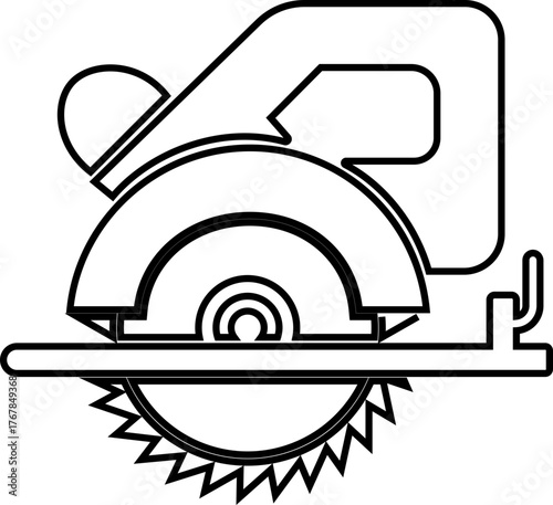 Metal saw icon in black flat and line style, includes circular blade, electric cutter, power tool, industrial machinery construction equipment, workshop and carpentry concept