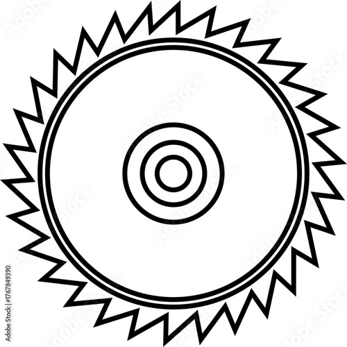 Black saw blade icon , circular saw cutter and sharp toothed disc in flat and line outline style, carpentry, construction, wood cutting, mechanic and industrial tool vector illustration