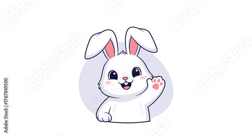 Cute white cartoon bunny rabbit waving hello with pink paws and blushing cheeks.