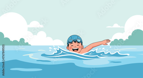 Joyful cartoon boy swims freestyle with a cap and goggles in the water, smiling happily on a sunny day with clouds in the background.