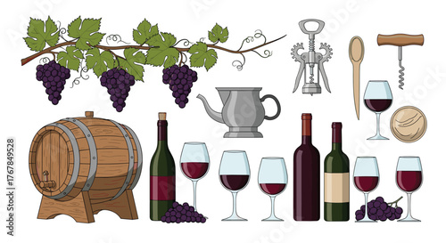 A detailed vector illustration featuring a collection of winemaking essentials and wine-tasting accessories on a white background.