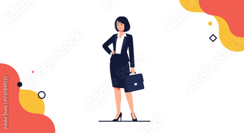 A confident businesswoman in a dark suit holds a briefcase and stands with her hand on her hip.