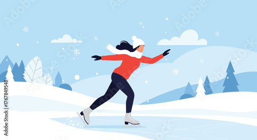Woman ice skating in a winter landscape with snow and trees, wearing a hat, scarf, and jacket.